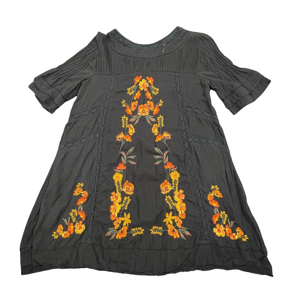 Free‎ People Perfectly Victorian Embroidered Mini Dress S Black Boho Fairy Fest